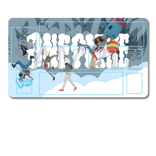 A rectangular gaming playmat with a winter scene illustration and large stylized text, shown above a black drawstring storage pouch on a plain white background.