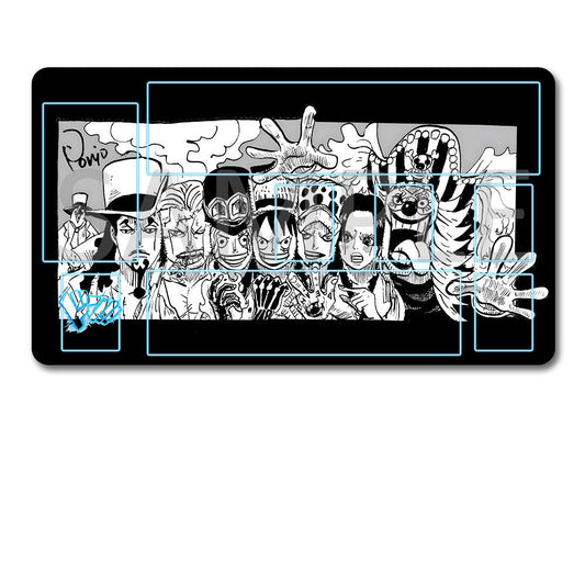 A rectangular black gaming mouse pad featuring a black-and-white anime-style character illustration from One Piece, shown with a matching black drawstring storage pouch below on a white background.