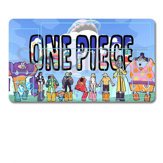 Colorful 'One Piece' character pouch with a black drawstring bag on a white background