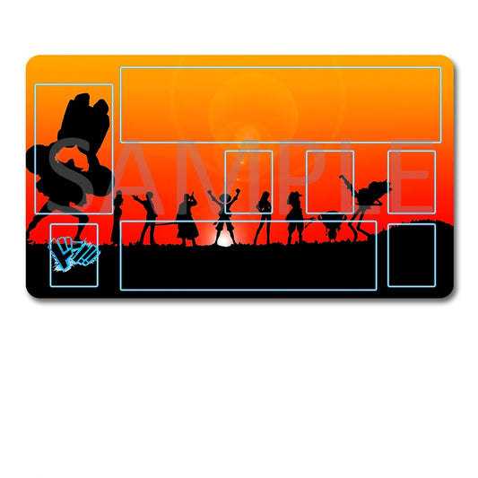 Silhouette design on an orange and black background with a black pouch below.