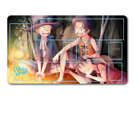 Anime-style illustration of three characters with a black pouch below on a white background