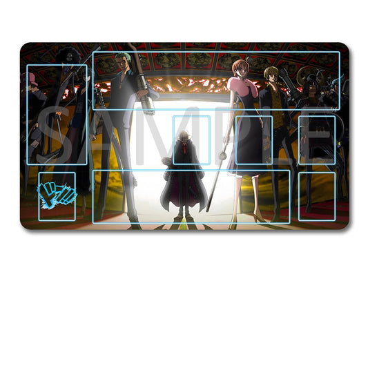 A rectangular gaming playmat featuring an anime-style group scene with character silhouettes and blue placement guides, shown above a black drawstring storage pouch on a white background.