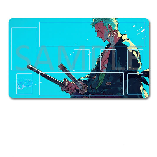 Anime character with swords on a blue background with 'Santafe' branding, accompanied by a black pouch.