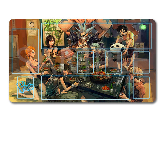 Anime-style artwork of characters around a table with a black pouch below.