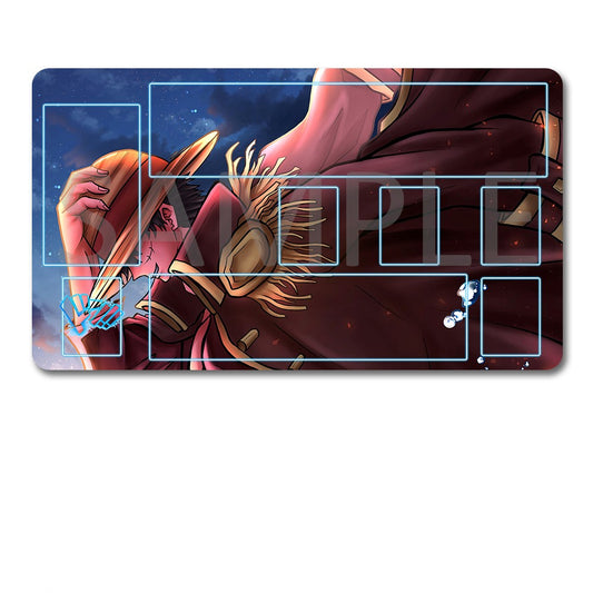 Playmat with anime character design and black drawstring bag on a white background