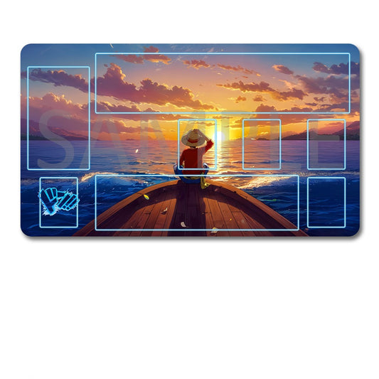 Scenic mouse pad with a person on a boat at sunset, accompanied by a black carrying case.