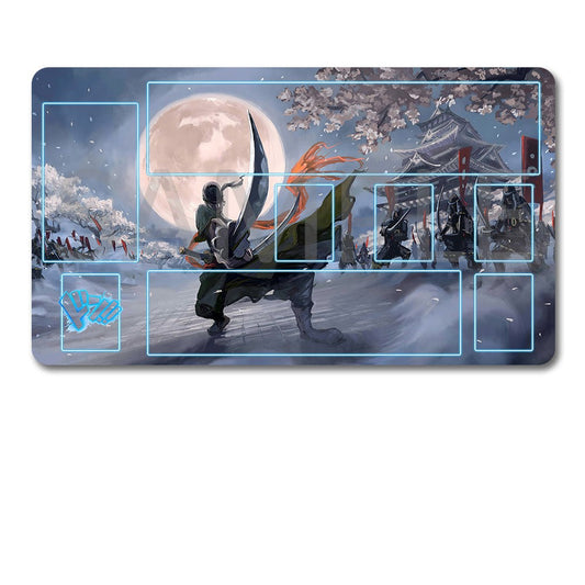 Large mouse pad with anime-style design featuring a warrior and cherry blossoms, accompanied by a black pouch.