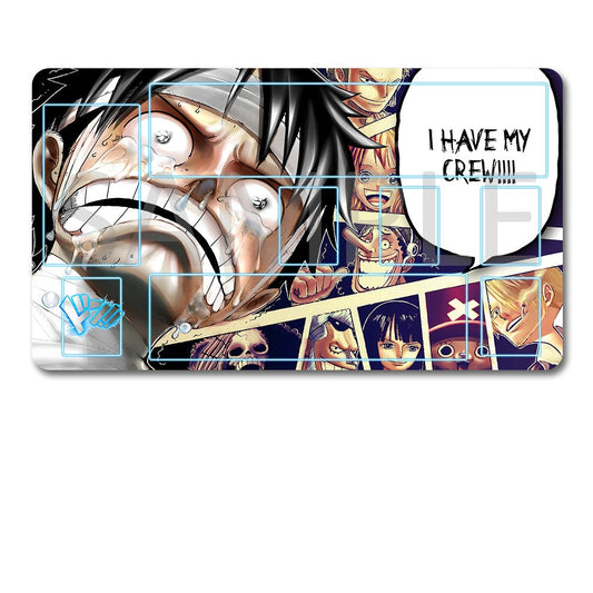 Large mouse pad with anime-themed design featuring characters and text, accompanied by a black pouch.