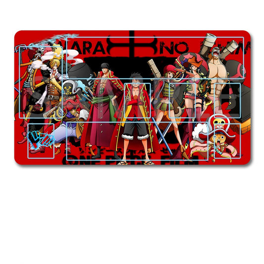 Placemat with anime character illustrations on a red background, accompanied by a black pouch.