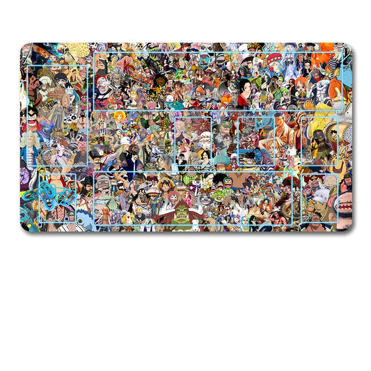 Collage of animated characters on a laptop skin with a black drawstring bag below.