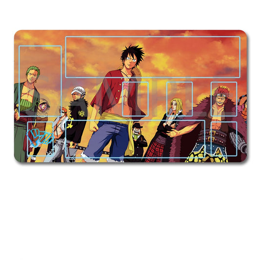 Placemat with animated character design and black pouch on a white background