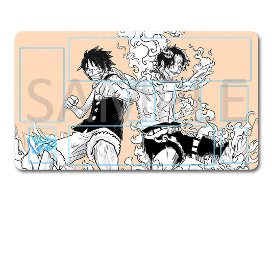 Anime character design on a beige background with a black pouch below.