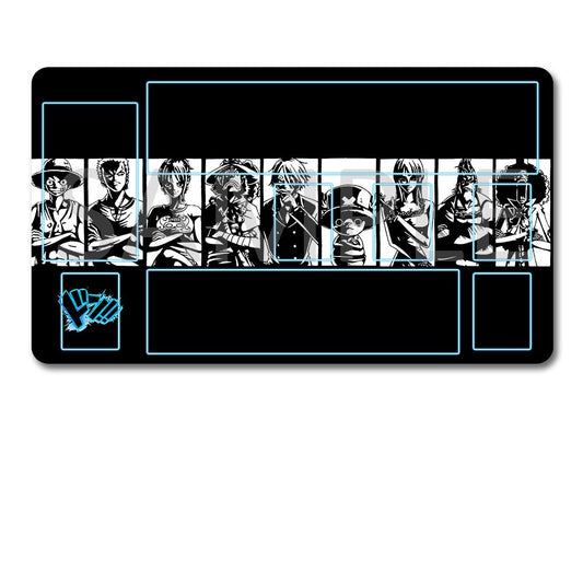 A black rectangular gaming playmat with a One Piece anime character strip across the center and blue outline templates, shown above a matching black drawstring storage pouch on a white background.