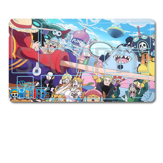 Anime-themed laptop skin with characters and 'One Piece' branding, accompanied by a black pouch.