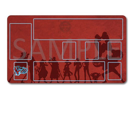 Red playmat with character silhouettes and a black drawstring bag on a white background