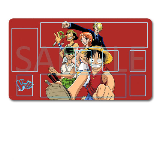 Placemat with anime character design on a red background, accompanied by a black pouch.