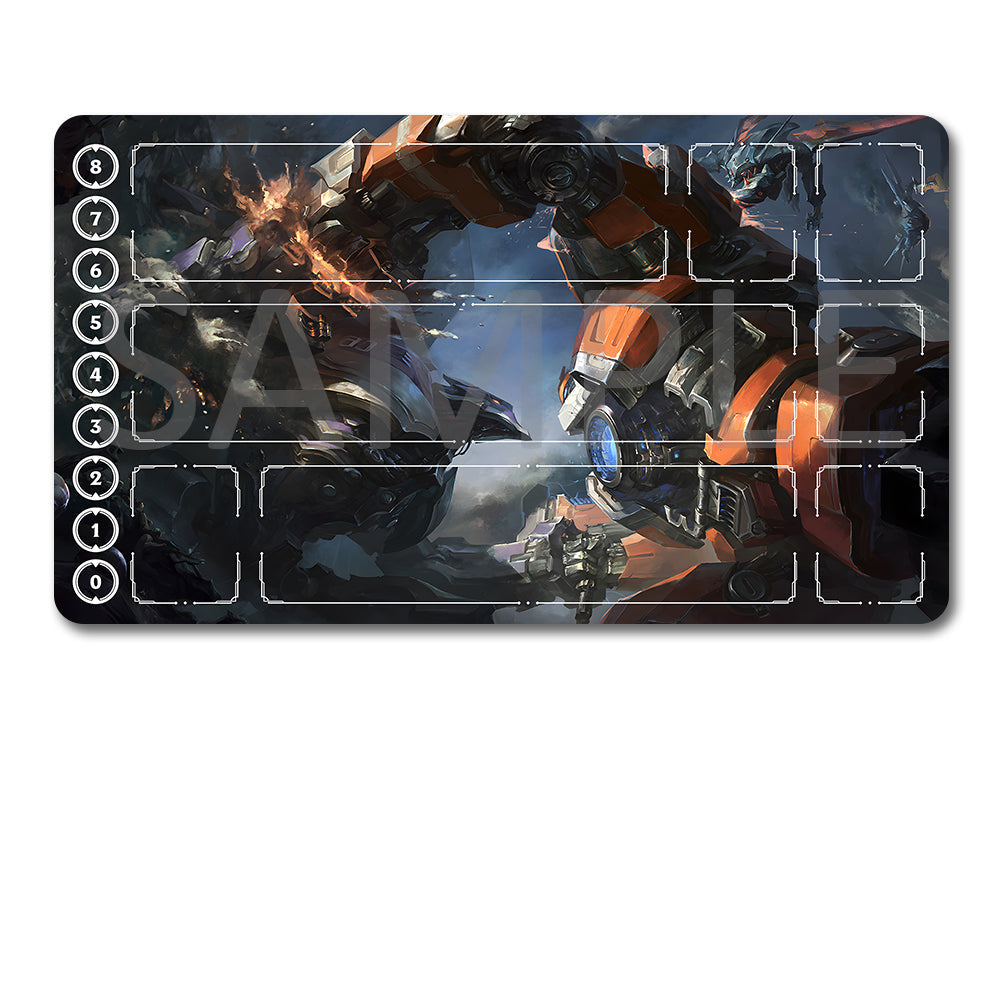 A rectangular gaming playmat with a dark sci-fi mecha battle illustration, shown above a black drawstring storage pouch on a plain white background. The playmat has numbered slots along the left side and a faint SAMPLE watermark across the center.