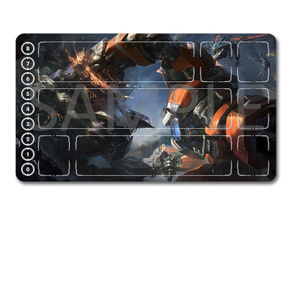 A rectangular gaming playmat with a dark sci-fi mecha battle illustration, shown above a black drawstring storage pouch on a plain white background. The playmat has numbered slots along the left side and a faint SAMPLE watermark across the center.
