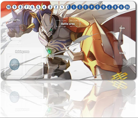 Card game mat with robot illustrations and game area labels on a white background