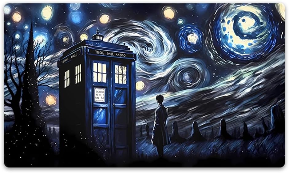 A stylized artwork combining a blue police box resembling a TARDIS with a silhouetted person standing in a swirling night sky scene inspired by Van Gogh's Starry Night.