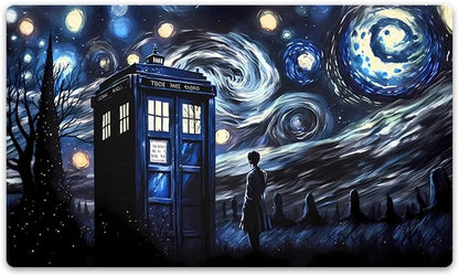 A stylized artwork combining a blue police box resembling a TARDIS with a silhouetted person standing in a swirling night sky scene inspired by Van Gogh's Starry Night.