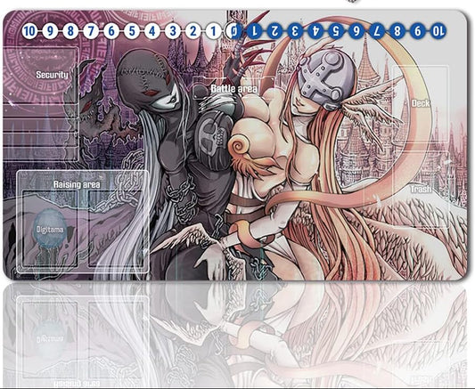 Card game mat with anime-style artwork featuring characters and game elements.