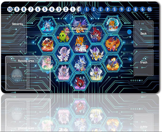 Large playmat with character designs on a reflective surface