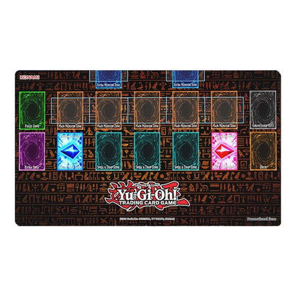 Yu-Gi-Oh! trading card game playmat with card symbols and branding.