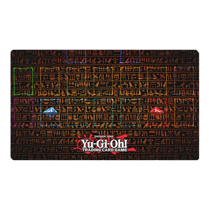 Yu-Gi-Oh! trading card game playmat with hieroglyphics and brand logo.