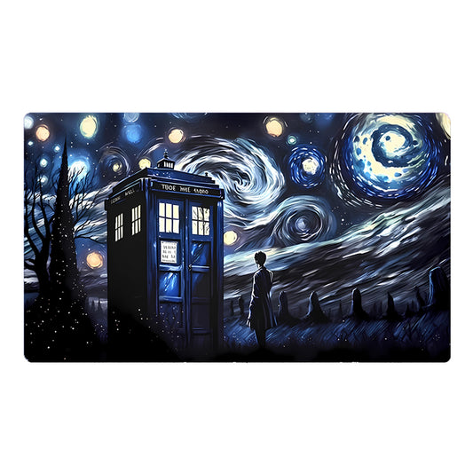 A rectangular desk mat or mousepad featuring a stylized illustration of the TARDIS under a swirling, starry night sky inspired by Van Gogh's Starry Night, shown against a plain white background.