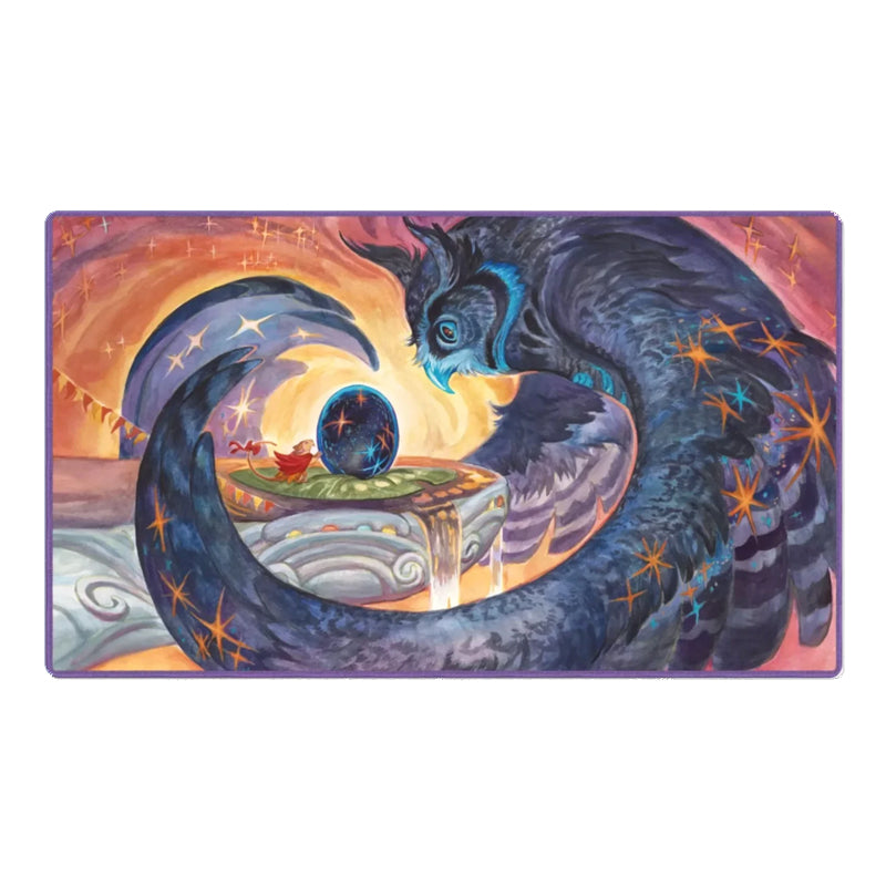 A rectangular art print or card featuring a fantasy illustration of a large dark blue owl-like creature with glowing eyes and orange star-like accents, surrounding a small glowing orb on a pedestal against a warm orange and pink sky.