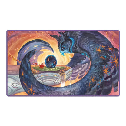 A rectangular art print or card featuring a fantasy illustration of a large dark blue owl-like creature with glowing eyes and orange star-like accents, surrounding a small glowing orb on a pedestal against a warm orange and pink sky.