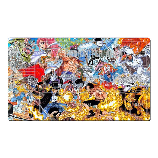 A rectangular anime playmat featuring a highly detailed, colorful collage of characters from the One Piece franchise, including Luffy, Zoro, Nami, and Sanji, set against a plain white background.