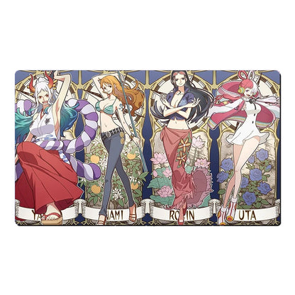 A rectangular printed art piece featuring four anime-style female characters in ornate arched panels with floral and decorative backgrounds. The names JAMI, ROMIN, and UTA are visible at the bottom, and the artwork is shown against a plain white background.