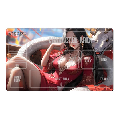 A rectangular gaming playmat featuring One Piece: Gold Coast artwork with a reclining woman in a red dress and a white dragon. The playmat includes printed game-area labels such as Life, Don't Deck, Fight Area, Post Area, Leader, Space Area, Deck, and Trash, plus a large translucent Character Area overlay.