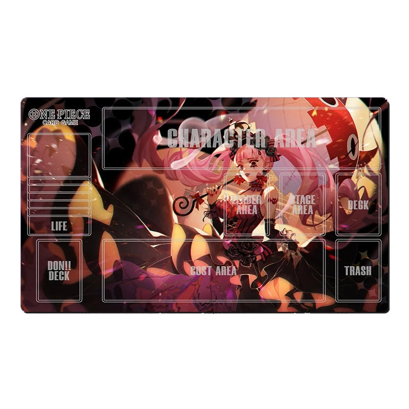 A rectangular anime-themed playmat with printed artwork from One Piece: Pirate Warriors, featuring a character in a pink-haired outfit over a dark background. The mat includes labeled playmat zones such as character area, desk, trash, donut deck, life, and best area.