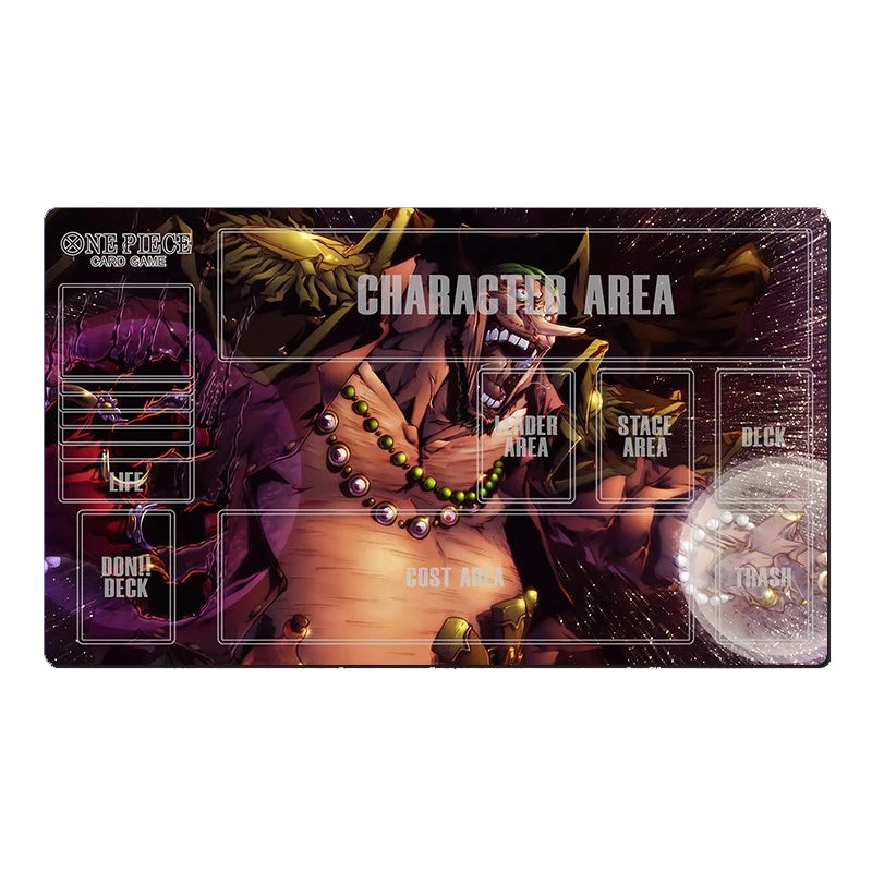 A rectangular One Piece Card Game playmat with a detailed anime illustration of a character in a purple outfit, labeled with sections such as Character Area, Stage Area, Deck Area, and Non-Deck.