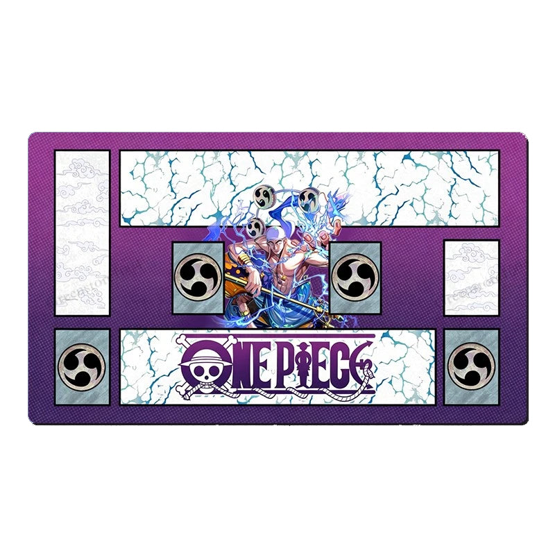 A rectangular desk mat or mousepad featuring the One Piece character Brook and the One Piece logo, designed to look like a cassette tape with purple borders and white marble crackle patterns.