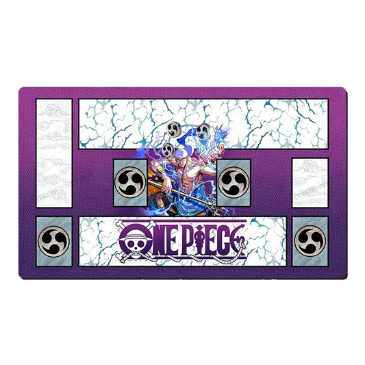 A rectangular desk mat or mousepad featuring the One Piece character Brook and the One Piece logo, designed to look like a cassette tape with purple borders and white marble crackle patterns.
