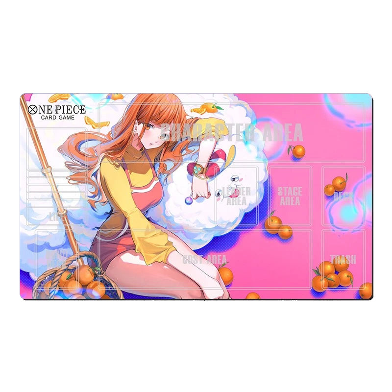 A One Piece card game playmat featuring an anime illustration of Roronoa Zoro with her sword and orange fruits on a pink and blue background, shown against a plain white backdrop.