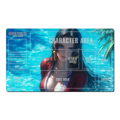 A rectangular gaming playmat featuring an anime-style underwater scene with a woman in a red top and blue water background. The playmat includes printed game area labels such as LEADER AREA, STAR AREA, COST AREA, and FLASH, plus a One Piece logo in the top left.