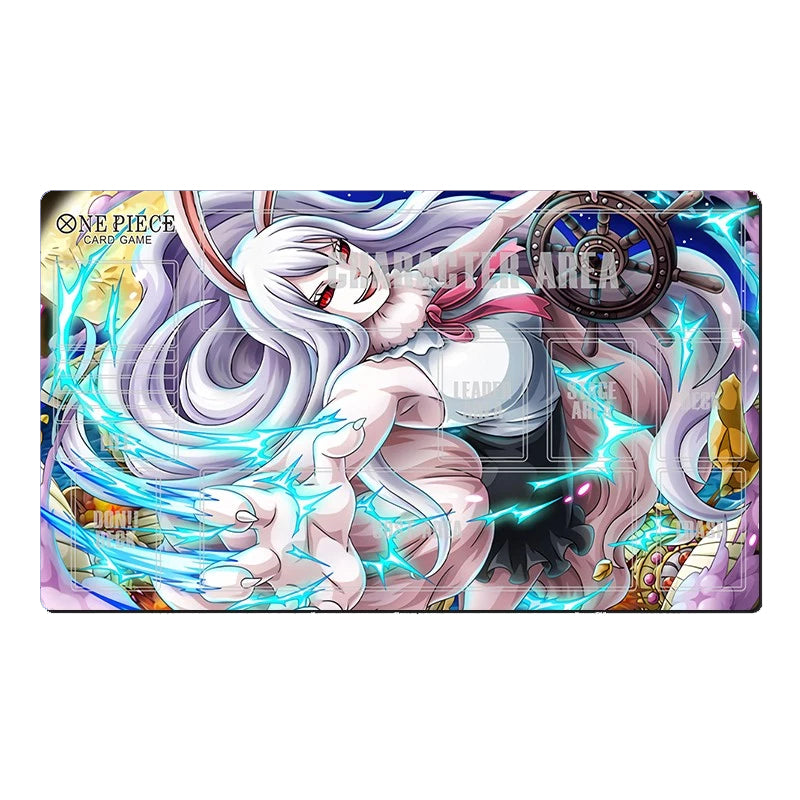 A rectangular One Piece Card Game playmat featuring an anime illustration of White Shark surrounded by blue lightning effects, with the One Piece Card Game logo in the top-left and a large 'MIGHT AREA' watermark across the center.