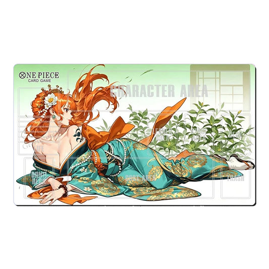 A One Piece Card Game character playmat featuring the anime character Nico Robin in a teal and orange kimono, lying on a white background with a light green border.