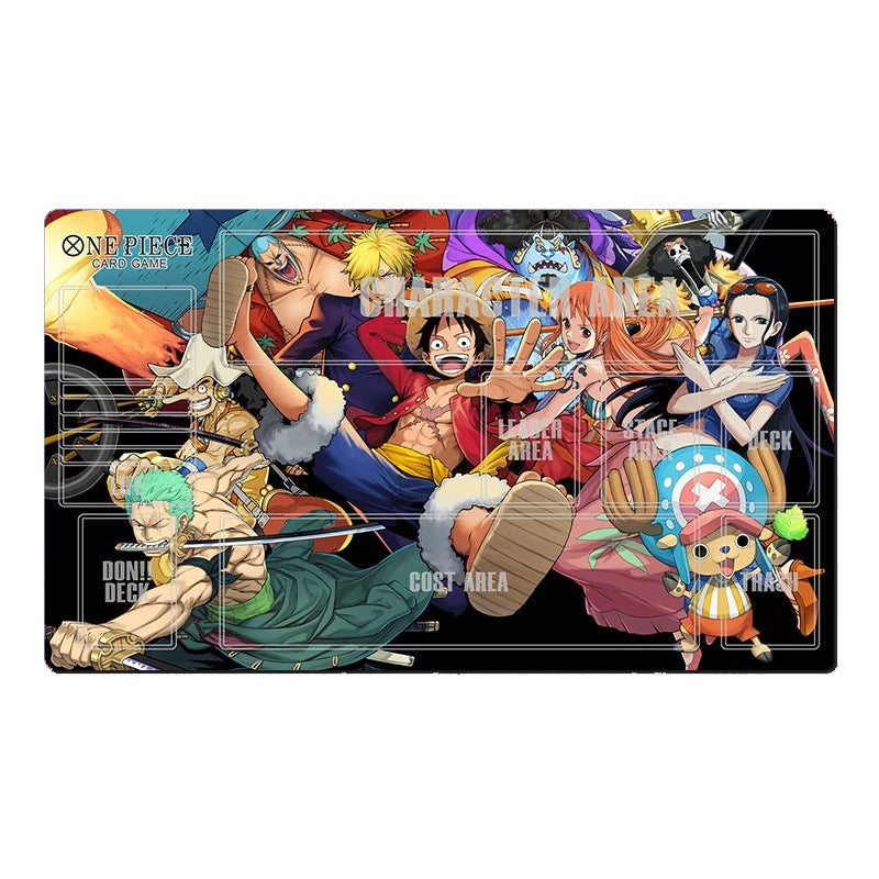 A rectangular anime playmat featuring a colorful One Piece: Grand Line War illustration with multiple characters on a black background, shown on a plain white studio background.