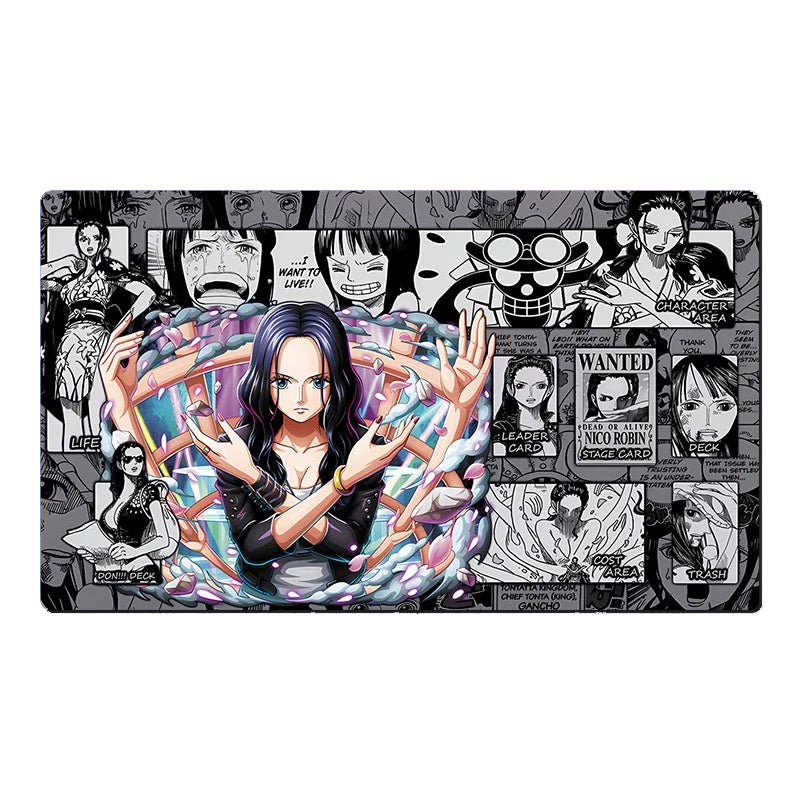 A rectangular anime playmat featuring a central illustration of a dark-haired female character surrounded by colorful energy effects, set against a collage background of black-and-white manga panels and character portraits. The playmat is shown flat against a plain white background.