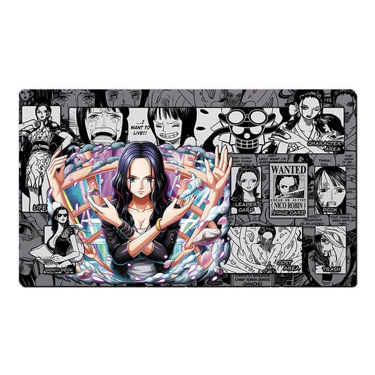A rectangular anime playmat featuring a central illustration of a dark-haired female character surrounded by colorful energy effects, set against a collage background of black-and-white manga panels and character portraits. The playmat is shown flat against a plain white background.