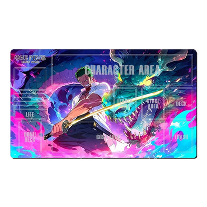 A rectangular gaming desk mat featuring a colorful anime-style illustration with the text 'ONE PIECE' and 'CHARACTER AREA,' plus labeled zones such as LIFE, DECK, COST, ATTACK, DEF, and HASH.