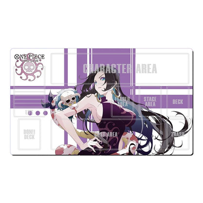 A One Piece: Pirate Queens Saga character playmat featuring a printed illustration of Brook and the One Piece logo, with designated areas for character, leader, stage, and deck placement on a white and purple background.