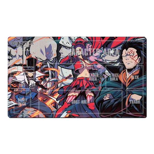 A rectangular anime-themed playmat or desk mat featuring illustrated characters from Demon Slayer, with printed zones labeled 'LIFE DECK', 'COST AREA', 'STAGE AREA', and 'TRASH'. The artwork is multicolored with prominent red, black, blue, white, and orange tones, shown on a plain white background.