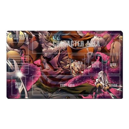 A rectangular anime-themed gaming playmat featuring characters from Bleach, with labeled sections for 'Character Area', 'Stage Area', 'Deck', 'In Play', and 'Cost Area' on a plain white background.